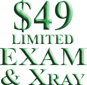 Green text reads: $49 LIMITED EXAM & Xray on a white background.