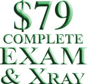 Green 3D text on a white background reads: $79 COMPLETE EXAM & Xray.