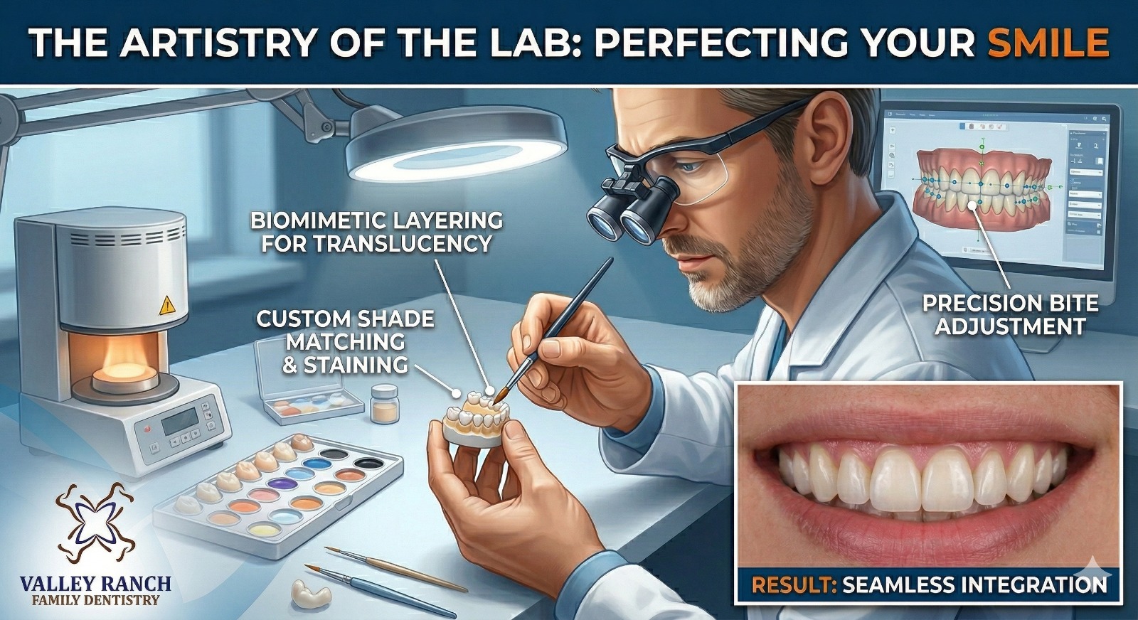A dental professional in Irving TX with magnifying glasses works on a model of teeth using precision tools; diagrams highlight biomimetic layering, custom shade matching, and bite adjustment. An inset shows a close-up of a bright, seamless smile with Same Day Crowns.