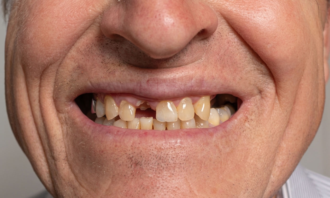Close-up of an older man's mouth smiling, revealing a lost tooth along with uneven, chipped, and discolored teeth.